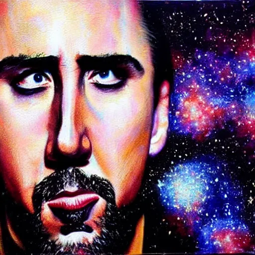 Prompt: nicholas cage amazed expression, cosmic starfield background oil painting masterwork trending on artstation