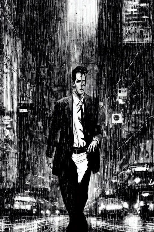 Prompt: black and white illustration of Patrick Bateman in a rainy street, neo noir style, Frank Miller creative design, body horror