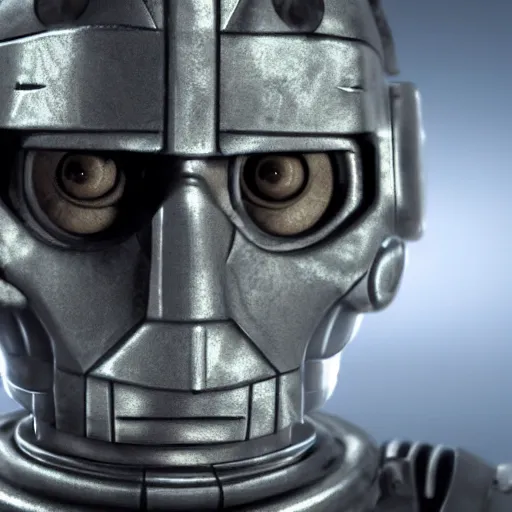 Image similar to close up realistic cyberman with half of his mask broken off showing david tennant, digital art cinematic lighting, render, fantasy