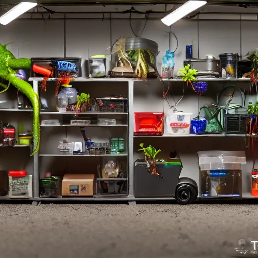 Image similar to garage with carnivorous plants on the shelves and packing peanuts on the floor, scene from tv show hyper detailed 5 5 mm 8 5 mm, low - light photography by tyler williams, made out of plastic