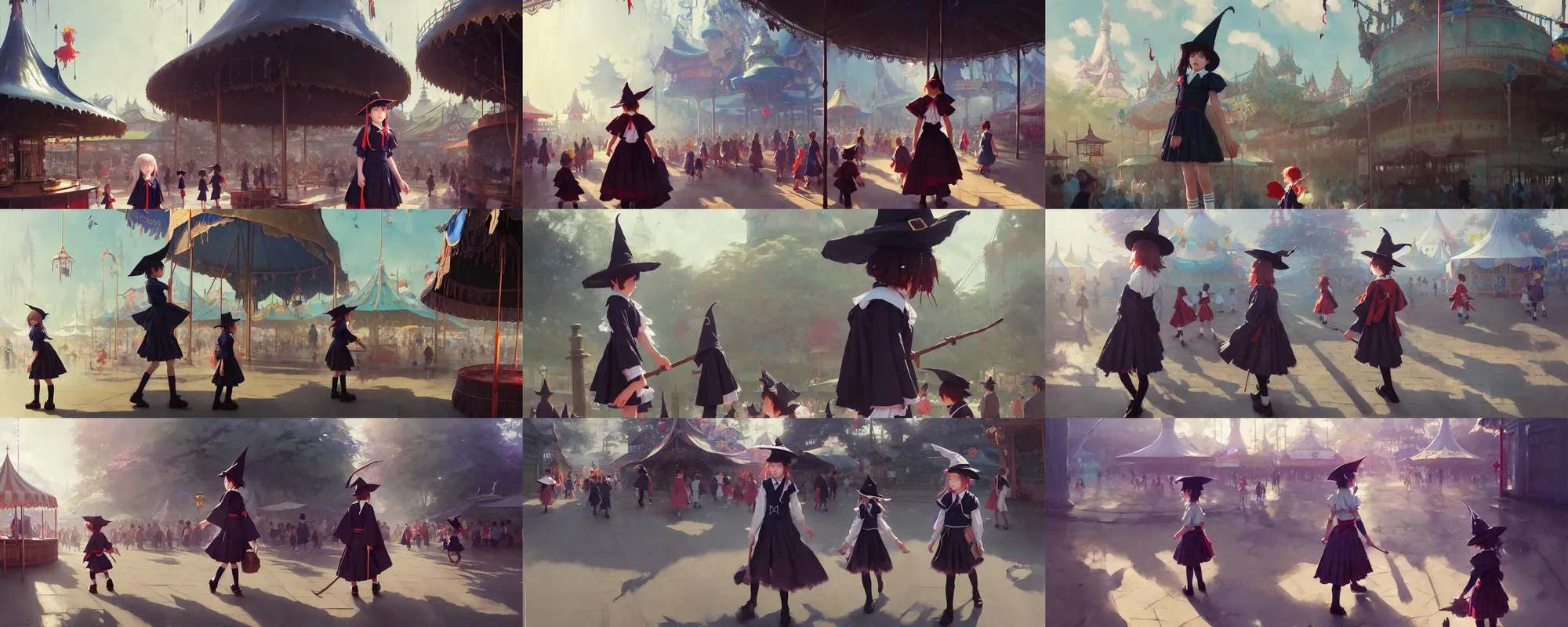 Image similar to young student witch wearing magic school uniform patrolling around small town carnival amusement, food stalls, big top circus tent, highly detailed, magical, japan, digital painting, concept art, matte, art by ruan jia and wlop and greg rutkowski and makoto shinkai, masterpiece