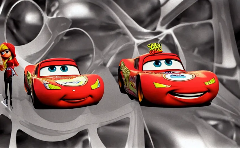 Image similar to lightning mcqueen and sally from cars in a fractal, cookbook photo, in 1 9 9 5, y 2 k cybercore, industrial photography, still from a ridley scott movie