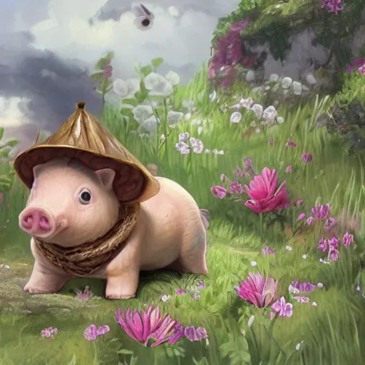 Prompt: cute and adorable miniature piggy 🐖 wearing a cute hat on garden during a summer day, highly detailed, digital painting, artstation, concept art, smooth, sharp focus, illustration, art by yee chong and sydney hanson and artgerm and rossdraws and greg rutkowski and alphonse mucha