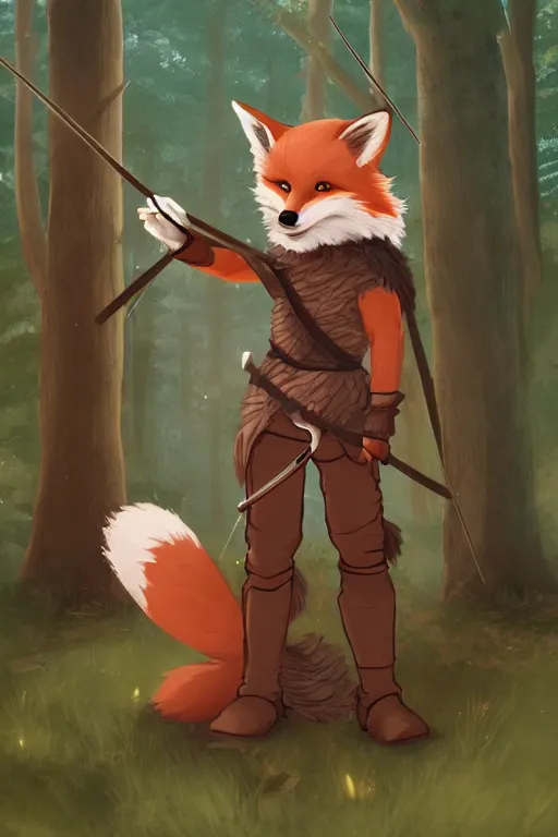 Prompt: a medieval anthropomorphic fox archer with a fluffy tail in a forest, backlighting, trending on artstation, furry art, by kawacy, warm lighting, digital art