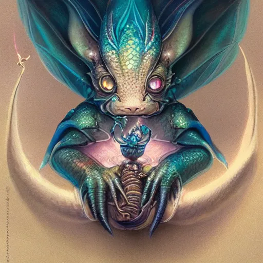 Image similar to a hyperrealistic illustration of a cute and tiny dragon that glows in the dark, dragon baby, glow in the dark, fractal moonlight, little dragon with glowing scales, award - winning, masterpiece, in the style of tom bagshaw, cedric peyravernay, peter mohrbacher