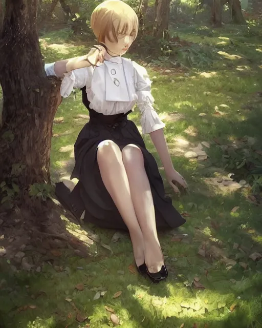 Image similar to a victorian maid with black bob hairstyle sitting under a tree. in a forest. detailed face. coherent. by makoto shinkai, stanley artgerm lau, wlop, rossdraws, james jean, andrei riabovitchev, marc simonetti, krenz cushart, sakimichan, trending on artstation, digital art.