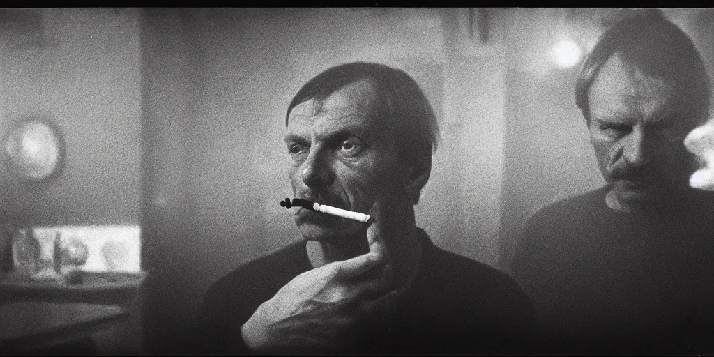 Image similar to detailed medium format photo, polaroid still from tarkovsky movie, sleazy man watching over the zone while smoking a cigarette, haze, high production value, intricate details, 8 k resolution, hyperrealistic, hdr, photorealistic, high definition, tehnicolor, award - winning photography, masterpiece, amazing colors