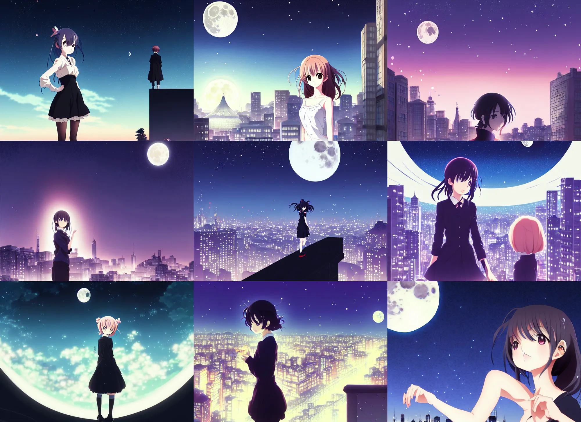 Prompt: anime visual, dark portrait of an elegant girl sightseeing above the city at night in the park, moon, cute face by yoh yoshinari, katsura masakazu, dynamic pose, dynamic perspective, ilya kuvshinov, strong silhouette, anime cels, 1 8 mm, rounded eyes, realistic proportions, dramatic, detailed facial features