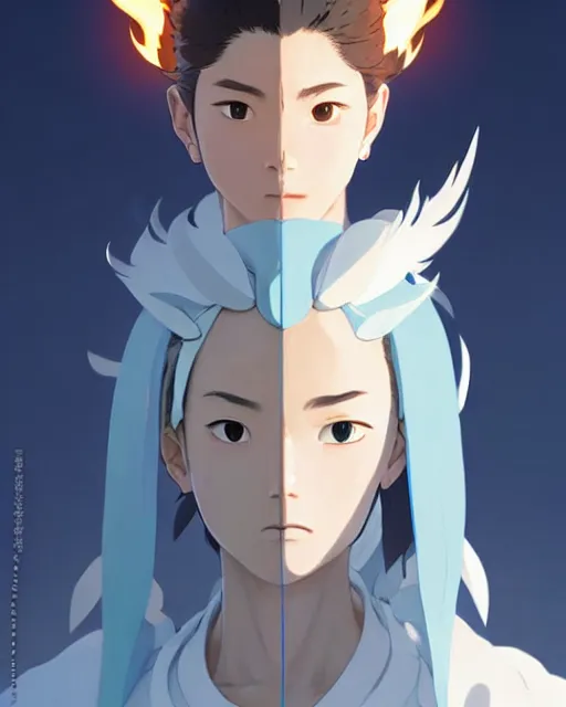 Image similar to azctec warrior, a south korean female, she wears a light blue jacket, white ponytail hair, detailed perfect face, exquisite details, fire magic, mid view, design on a white background, by studio muti, greg rutkowski makoto shinkai takashi takeuch studio ghibli