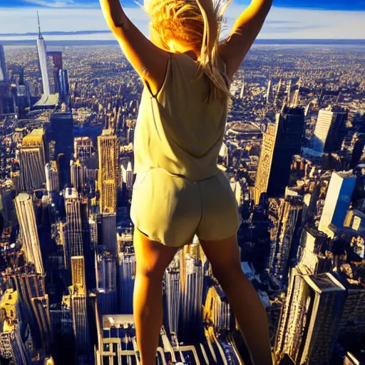 Image similar to a giant blonde woman climbing the empire state building, highly detailed, great lighting, 4 k