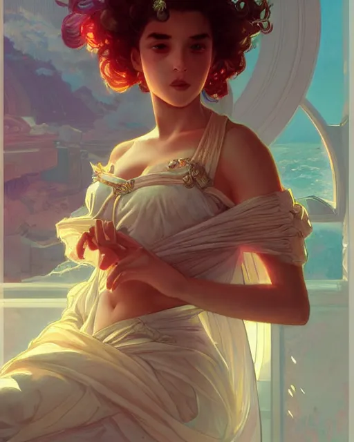 Prompt: princess, posing, vaporwave, bedroom, highly detailed, digital painting, artstation, concept art, smooth, sharp focus, illustration, art by artgerm and greg rutkowski and alphonse mucha