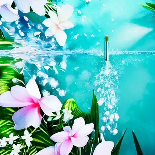 Prompt: centered bright perfume bottle standing in clear blue rippling water surrounded by a plethora of white flowers and tropical leaves and fauna upfront, with dreamy bright blue sky and clouds in the background, illumination lighting, sharp focus, surreal photography, vogue, hartper's bazaar, sephora,