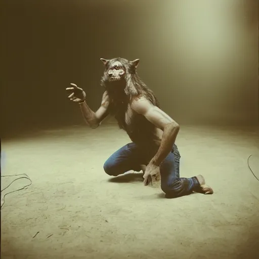 Image similar to a human transforming into a werewolf, studio medium format photograph