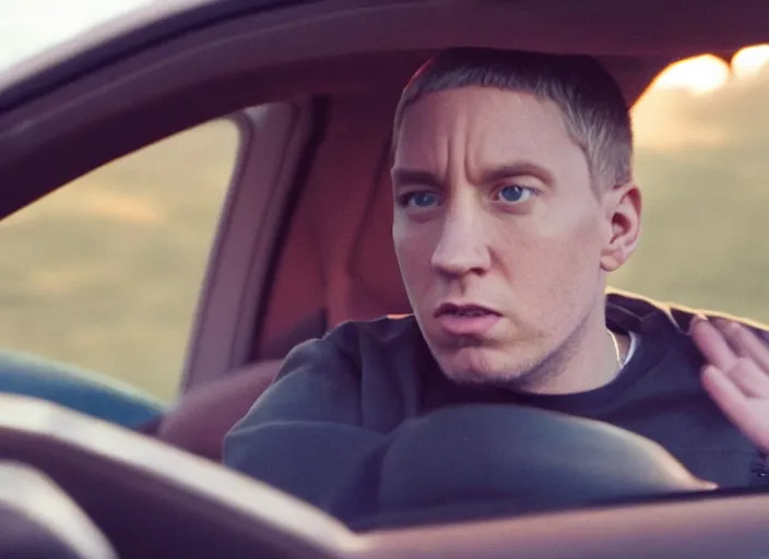 Image similar to a very high resolution image from a new movie, eminem going super saiyan driving a car. inside of a car. alone. mountains, directed by wes anderson