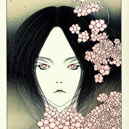 Image similar to prompt: Fragile looking soft light portrait face drawn by Takato Yamamoto and Katsuhiro Otomo, inspired by Ghost in Shell anime, magical and alchemical objects on the side, soft light, intricate detail, intricate ink painting detail, sharp high detail, manga and anime 2000