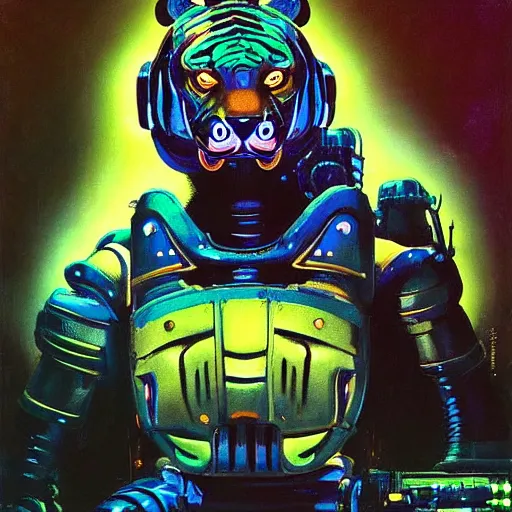 Image similar to a tiger dark and colorful close - up of a sci - fi mecha tiger robot with led lights glowing fog in the background. highly detailed science fiction painting by norman rockwell, frank frazetta, and syd mead. rich colors, high contrast, gloomy atmosphere, dark background. trending on artstation