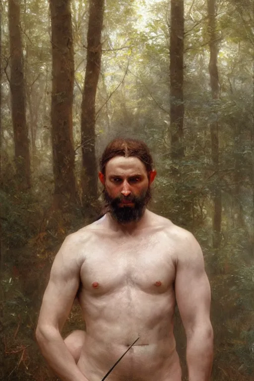 Image similar to Male primal hunter by Alyssa Monks, Bouguereau. full-shot, hyper realism, realistic proportions, dramatic lighting, high detail 4k