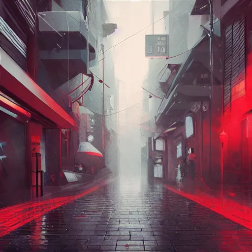 Prompt: Hyper detailed digital matte painting, Very rainy dark japanese street with red squareds, atmosheric, 120K resolution, photorealism render by Pascal Campion