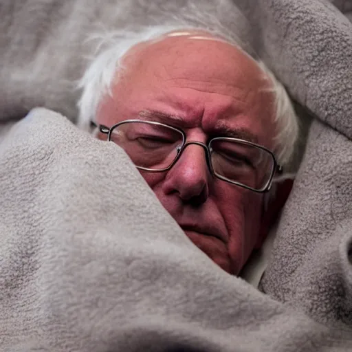 Prompt: Sleepy Bernie sanders wraps up in a warm blanket, photograph