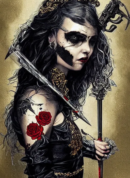 Image similar to tarot card :: horror :: vampires and draculas :: hearts and roses :: gold and silver :: guns and swords :: side profile :: highly details :: intricate details :: Sandra Chevrier and bastien lecouffe deharme