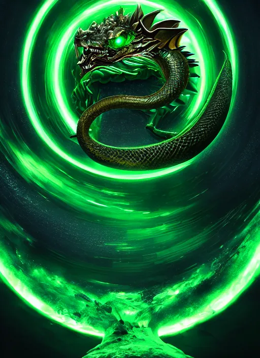 Image similar to portrait of the emerald dragon Ouroboros rotating around the core of the Universe + dim volumetric lighting, 8k octane beautifully detailed render, post-processing, extremely hyperdetailed, intricate, epic composition, grim yet sparkling atmosphere, cinematic lighting + masterpiece, trending on artstation