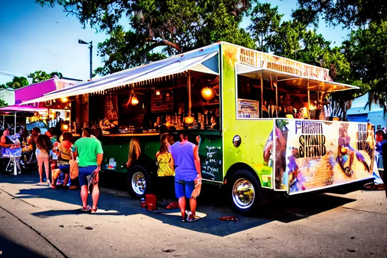 Prompt: Frenchmen Street Food Truck at Swamphead, extremely crowded, in the style of street photography