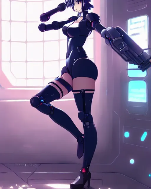 Image similar to a large cute thicc futurstic robotic girl, large thighs, sleek design, cyberpunk, by makoto shinkai an krenz cushart