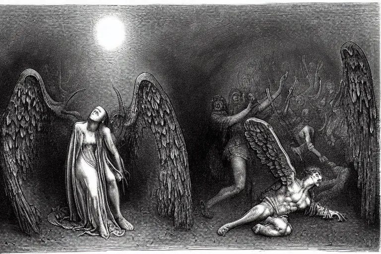 Image similar to fallen angel begs to enter the gates of hell by gustave dore and les edwards and hieronymus bosch