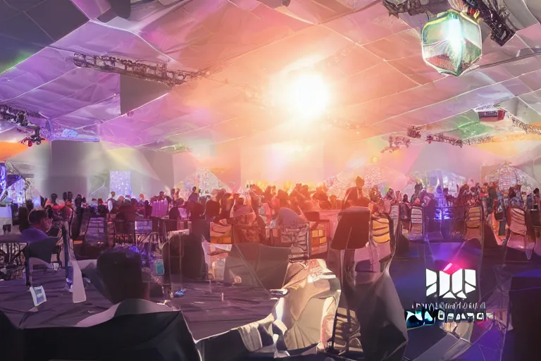 Image similar to hexagons everywhere, corporate event. lens flare. light fixtures. 8K. detailed. photorealism. artstation. 25mm f/1.7 ASPH Lens. ultra realistic