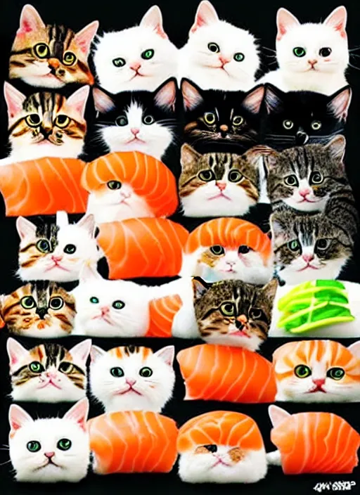 Image similar to clear photorealistic picture of adorable cats made out of sushi