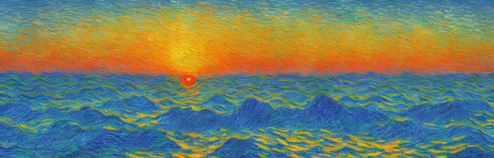 Image similar to An aesthetically pleasing, dynamic, energetic, lively, well-designed digital art of the ocean at sunset, light and shadow, by Claude Monet and Vincent Van Gogh, superior quality, masterpiece, excellent use of negative space. 8K, superior detail.