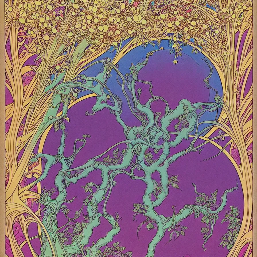 Image similar to ( ( ( ( beautiful strange forest and flowers surrounded by an art nouveau style decorative frame ) ) ) ) by mœbius!!!!!!!!!!!!!!!!!!!!!!!!!!!, overdetailed art, colorful, record jacket, no human