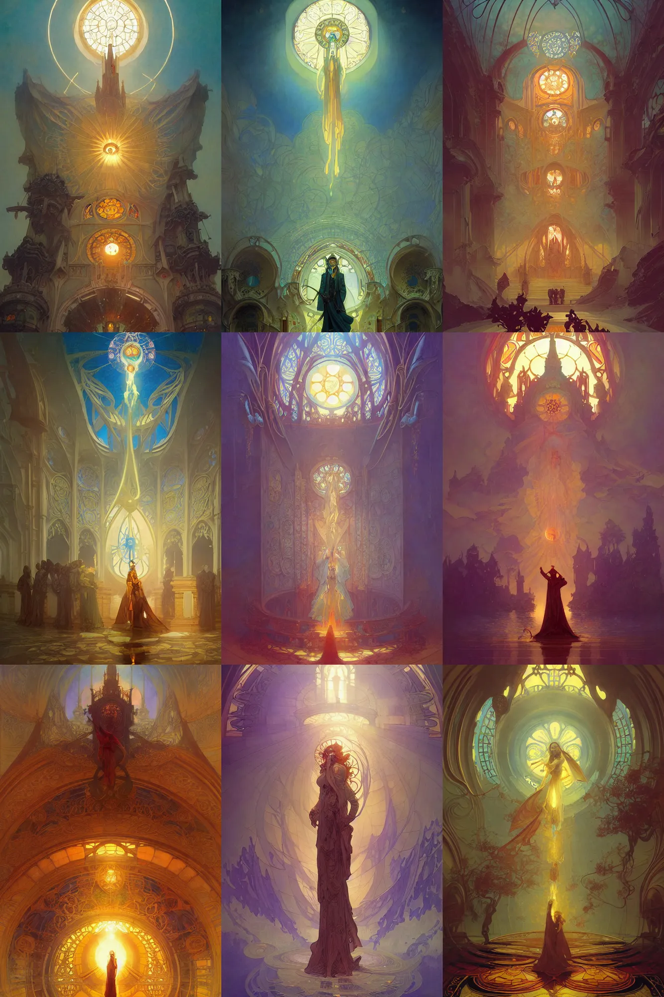 Prompt: church of sun, art nouveau architecture, fantasy, art by joseph leyendecker, peter mohrbacher, ivan aivazovsky, ruan jia, reza afshar, marc simonetti, alphonse mucha