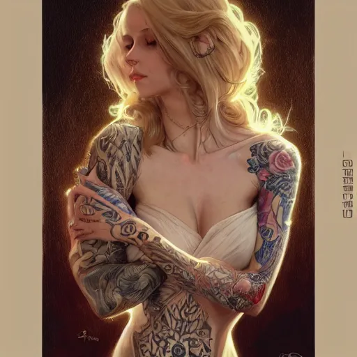 Image similar to ultra realistic illustration, a hot and beautiful tattooed blonde slavic woman in her 3 0's, intricate, elegant, highly detailed, digital painting, artstation, concept art, smooth, sharp focus, illustration, art by artgerm and greg rutkowski and alphonse mucha