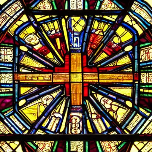 Prompt: crusaders cross in the middle of a detailed symmetric geometric stained glass cathedral ceiling