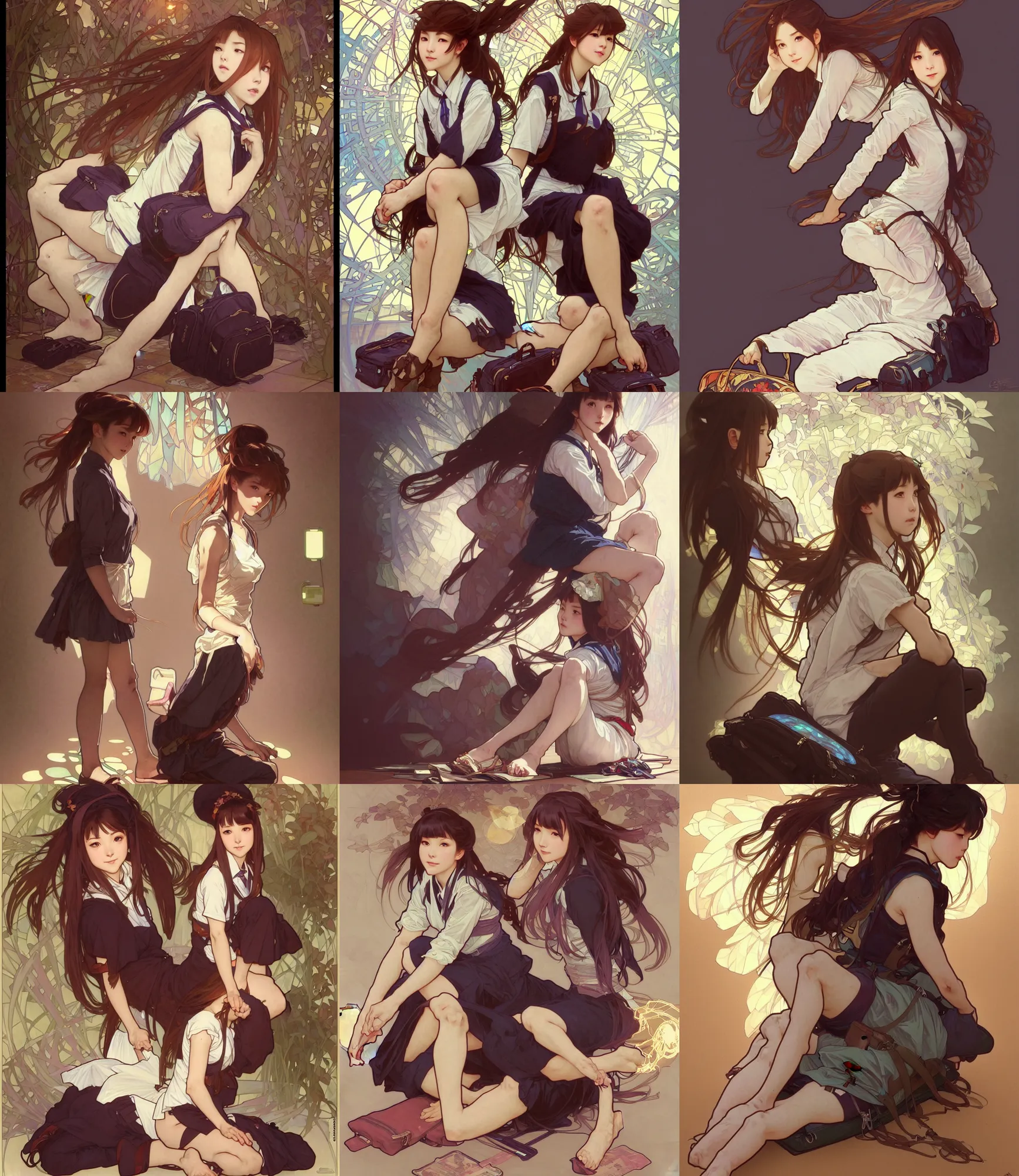 Image similar to a digital concept art by artgerm and greg rutkowski and alphonse mucha. full body!! clear portrait of a squatting attractive japanese school girl in uniform!! sit on floor!! school bag, light effect. hyper detailed, character concept, glowing lights!! intricate, elegant, digital painting, artstation, smooth, sharp focus