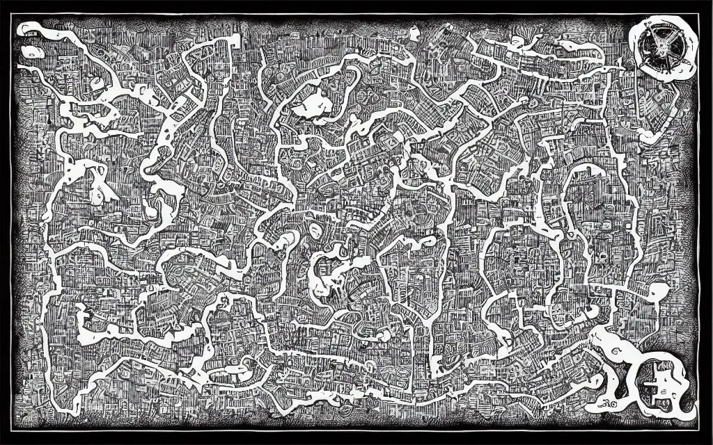 Image similar to black and white dungeon map, pen and ink, dungeons and dragons