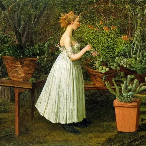 Image similar to painting by Caspar David Friedrich of a beautiful blonde woman with shoulder length hair in a forest green dress putting colorful succulents into rainbow pots at a square table