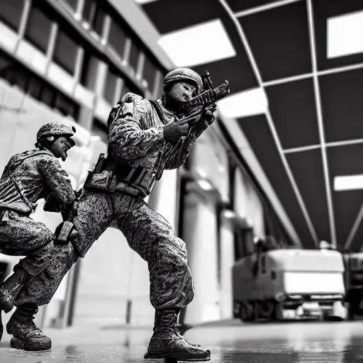 Prompt: the special forces pointing a real sized peanut statue, security camera, black and white, detailed, realistic, 4k