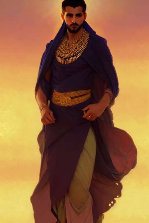 Image similar to full figure beautiful young fit arabic dark man, dressed with multicolored fluent clothes, luminous scene, by greg rutkowski and alphonse mucha, d & d character, gradient white to gold, in front of a dune desert background, highly detailed portrait, digital painting, artstation, concept art, smooth, sharp focus illustration, artstation hq