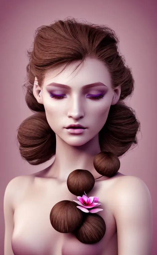 Prompt: complex 3 d render, ultra detailed, realistic portrait of a beautiful porcelain skin woman, face, wavy hair worn tied back in a messy bun, open eyes, flowers in hair, brown eyeshadow, mauve lips, natural makeup, 1 0 0 mm lens, beautiful, studio portrait, white spaghetti strap dress,