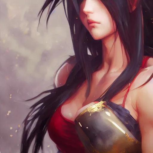 Image similar to a portrait painting of tifa from final fantasy 7, by greg rutkowski, artgerm, wlop, ruan jia, krenz cushart, alphonse mucha, marble, gold, unreal engine 5