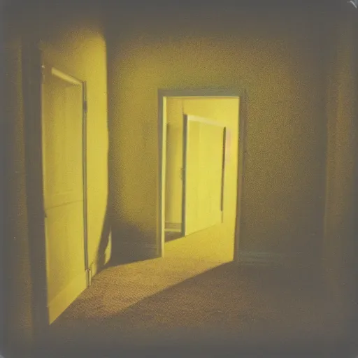 Prompt: polaroid photo of backrooms liminal space with yellow walls and yellow carpet dark, moody, scary