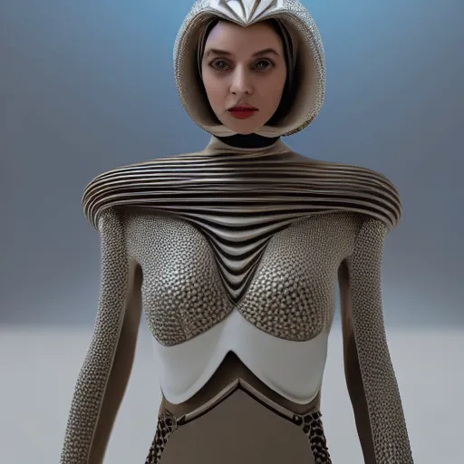 Prompt: dune inspired avant-garde art, deco fashion, highly detailed, photorealistic portrait, white studio setting, studio lighting, crisp quality and light reflections, unreal engine 5 quality render