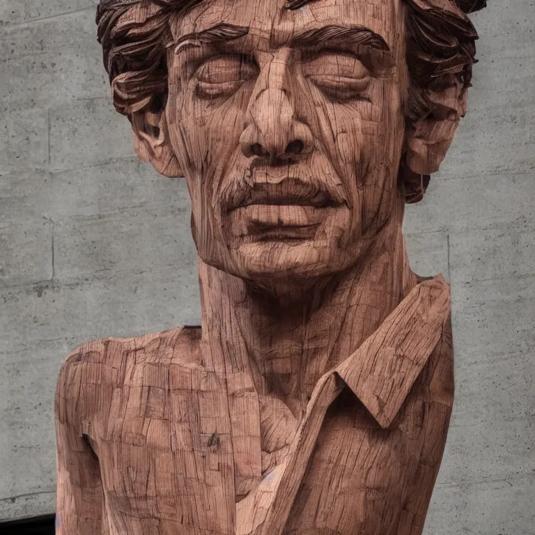 Image similar to public sculpture minimalist!!! portrait of a shah rukh khan, beautiful symmetrical face accurate face detailed face realistic proportions, carved out of red oak wood on a pedestal by stephan balkenhol and martin puryear and ron mueck, hyperrealistic dramatic lighting shocking detail trending on artstation 8 k