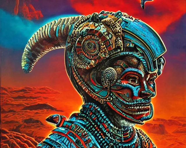 Prompt: mayan jaguar warrior exploring an alien world, 1 9 6 0's sci - fi, advanced technology deep aesthetic colors, 8 k, highly ornate intricate details, extreme detail,