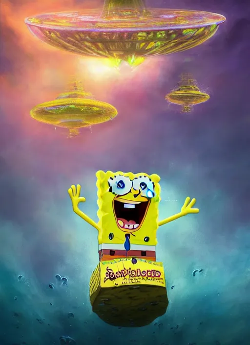 Prompt: spongebob merging with the mothership, epic, cinematic shot, 8k, by Adi Granov, sharp focus, highly detailed, saturated