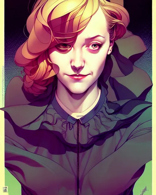 Image similar to artgerm, joshua middleton comic cover art, pretty full body serial killer maika monroe creepy smiling, full body, symmetrical eyes, symmetrical face, long curly brown hair, standing in front of an abandoned house background