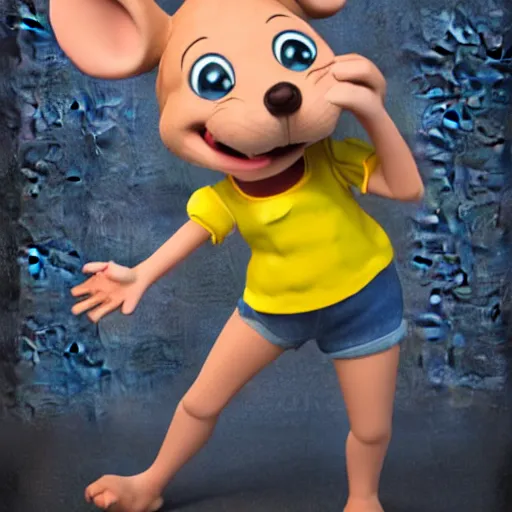 Prompt: 3 d render, portrait, upper body shot, mid shot, anthropomorphic mouse, female, blond furr, blue eyes, wearing denim short shorts and a off yellow tank top shirt, solo, in the style of the great mouse detective