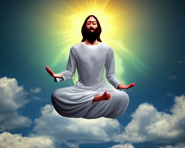 Image similar to god floating down from heaven. he is meditating. inspired by meditation. his mind is exploding with insight from interdimensional teleportation